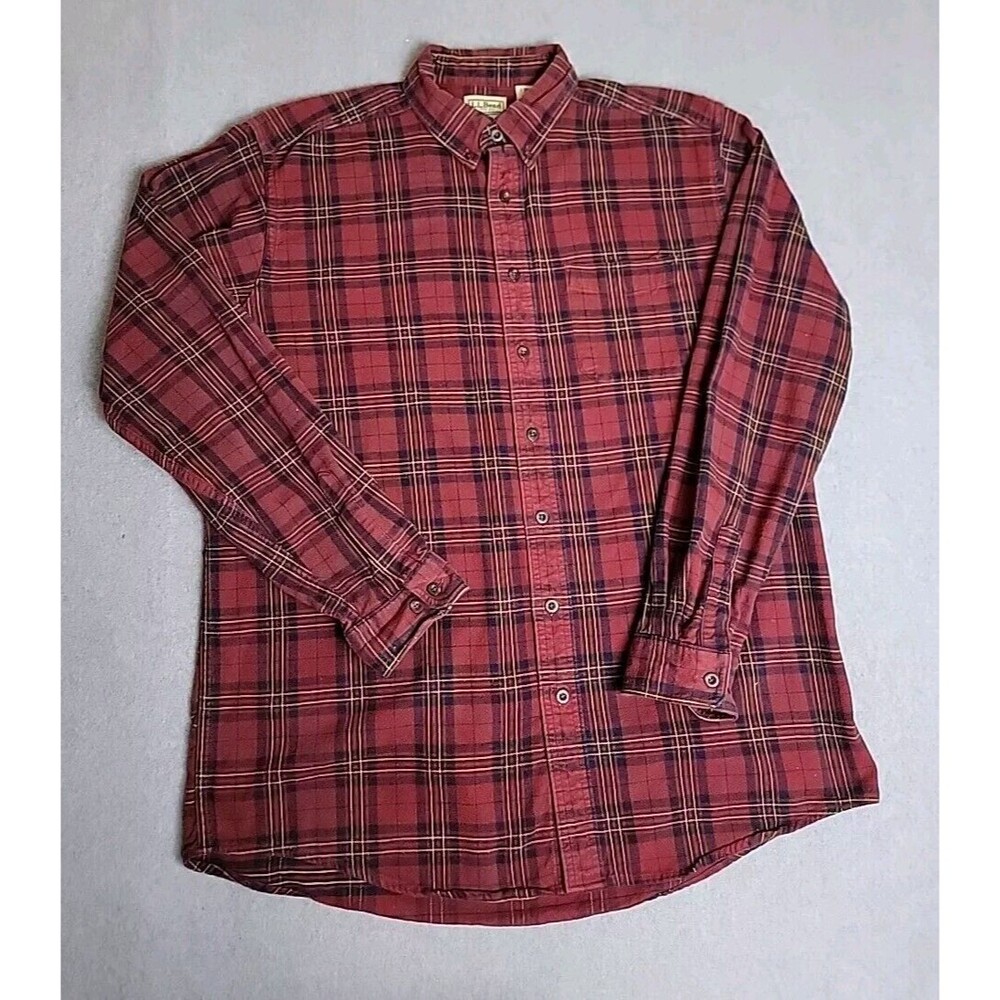 LL Bean Button Down Shirt Mens Large Tall Red Plaid 100% Cotton Long Sleeve